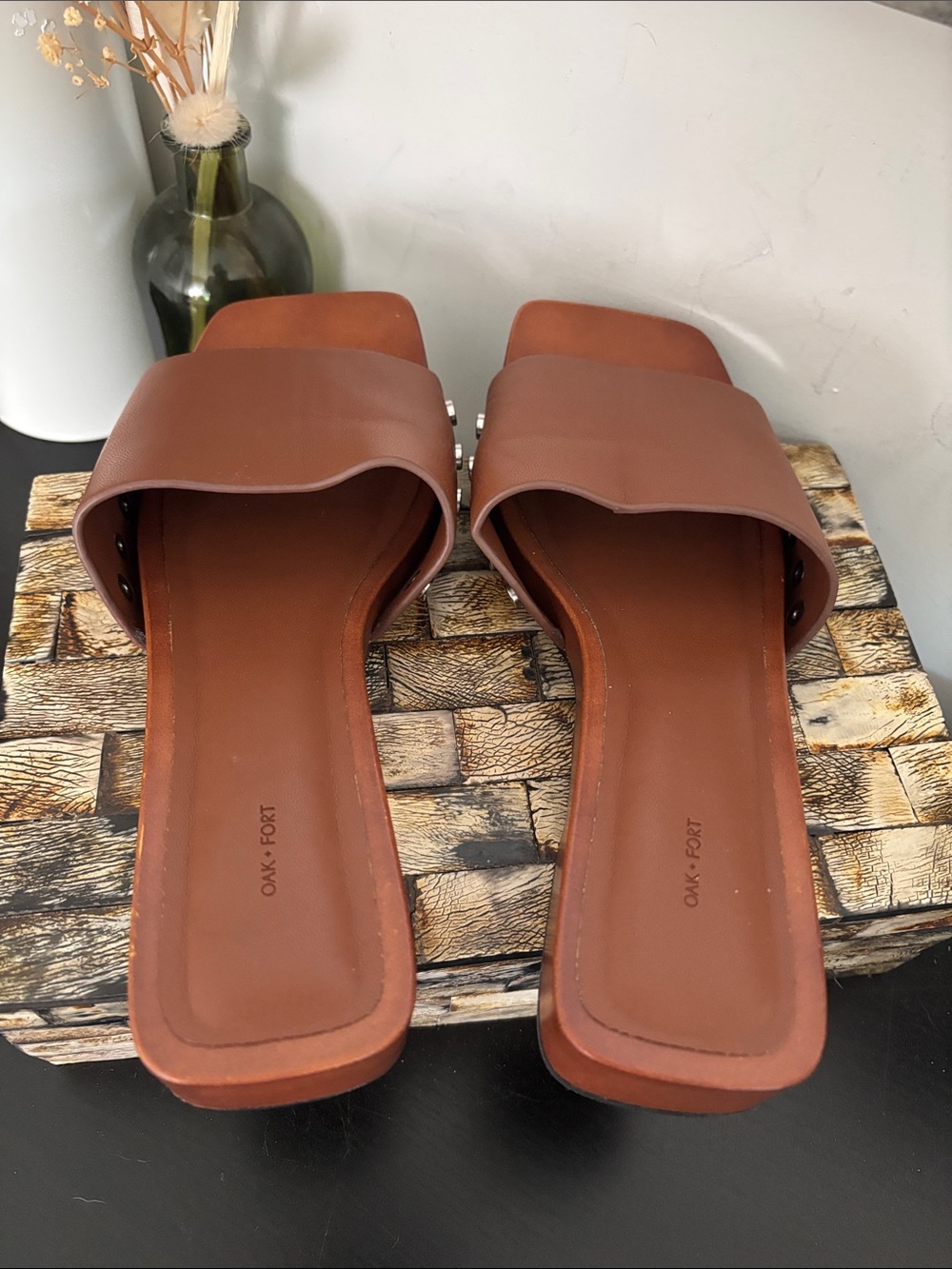 OAK + FORT (6) Square Toe Clog Wooden Mules Low Heel Metal Rivets Sandals Russet - Picture 12 of 16